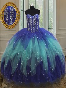 Beauteous Sleeveless Floor Length Beading and Ruffles Lace Up Quince Ball Gowns with Royal Blue and Aqua Blue