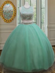 Sophisticated Apple Green Two Pieces Scoop Sleeveless Tulle Floor Length Zipper Beading Quinceanera Gown