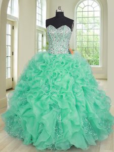 Affordable Turquoise Sweetheart Lace Up Beading and Ruffles Quinceanera Gown Sleeveless