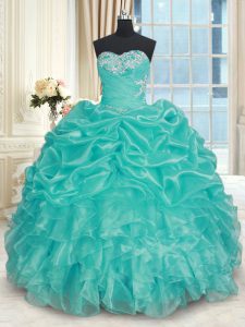 Turquoise Sweetheart Neckline Beading and Ruffles 15th Birthday Dress Sleeveless Lace Up