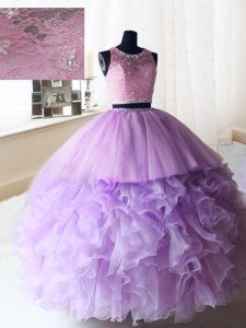 Scoop Lilac Two Pieces Beading and Ruffles 15th Birthday Dress Zipper Organza and Tulle Sleeveless Floor Length