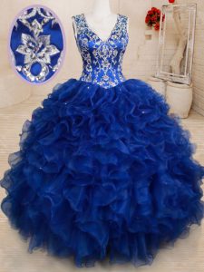 Modest Royal Blue Organza Backless Ball Gown Prom Dress Sleeveless Floor Length Beading and Embroidery and Ruffles