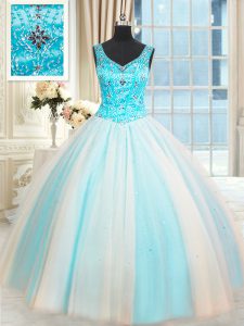 Floor Length White and Blue Quince Ball Gowns Tulle Sleeveless Beading
