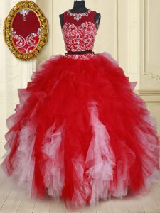 Affordable Two Pieces Scoop See Through White and Red Zipper 15th Birthday Dress Beading and Ruffles Sleeveless Floor Le