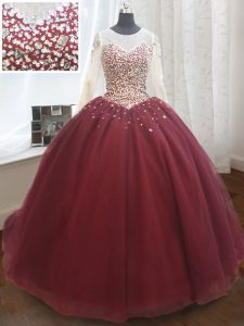 Smart Scoop Sequins Wine Red Long Sleeves Tulle Court Train Lace Up Quince Ball Gowns for Military Ball and Sweet 16 and