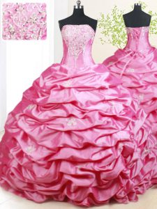 Smart Strapless Sleeveless 15th Birthday Dress With Brush Train Beading and Pick Ups Hot Pink Taffeta