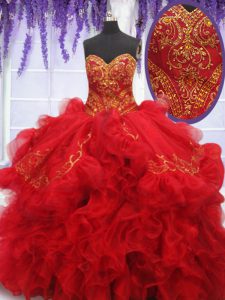 Red Sleeveless Organza and Taffeta Brush Train Lace Up Sweet 16 Dress for Military Ball and Sweet 16 and Quinceanera