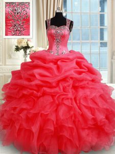 Straps Coral Red Sleeveless Beading and Ruffles and Pick Ups Floor Length Quince Ball Gowns