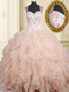 Elegant Straps Cap Sleeves Floor Length Zipper Quinceanera Dresses Pink for Military Ball and Sweet 16 and Quinceanera w