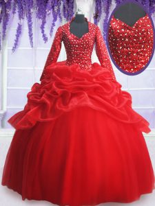 Dynamic Sequins Pick Ups Floor Length Red Vestidos de Quinceanera Sweetheart Long Sleeves Zipper