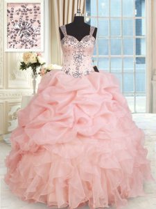 Romantic Baby Pink Ball Gowns Organza Straps Sleeveless Beading and Ruffles and Pick Ups Floor Length Zipper Sweet 16 Dr