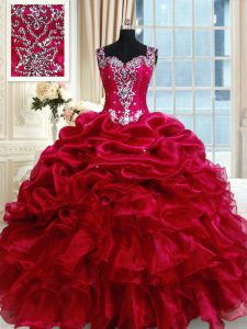 Stylish Pick Ups Ruffled Ball Gowns Vestidos de Quinceanera Fuchsia Straps Organza Sleeveless Floor Length Zipper