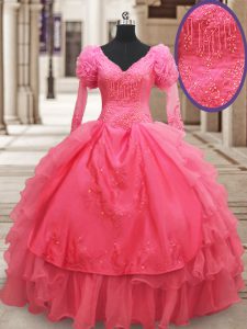 Pink Zipper V-neck Beading and Embroidery and Ruffled Layers Quinceanera Gowns Organza Half Sleeves