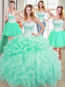 Four Piece Apple Green Sleeveless Beading and Ruffles and Pick Ups Floor Length Sweet 16 Dresses