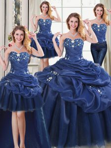Four Piece Ball Gowns Sweet 16 Dress Navy Blue Sweetheart Organza Sleeveless Floor Length Lace Up
