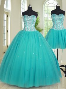 Artistic Three Piece Sleeveless Tulle Floor Length Lace Up 15 Quinceanera Dress in Aqua Blue with Beading