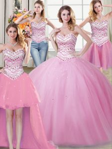 Eye-catching Four Piece Rose Pink Ball Gowns Sweetheart Sleeveless Tulle Floor Length Lace Up Beading Ball Gown Prom Dre