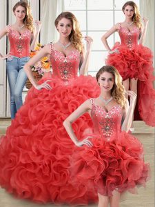Custom Made Four Piece Straps Sleeveless Fabric With Rolling Flowers Quinceanera Gown Beading and Ruffles Zipper