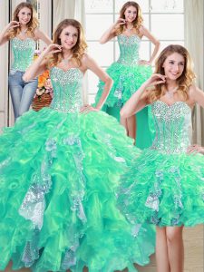 Four Piece Beading and Ruffles and Sequins Vestidos de Quinceanera Turquoise Lace Up Sleeveless Floor Length