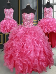 Pretty Four Piece Hot Pink Lace Up 15 Quinceanera Dress Beading and Ruffles Sleeveless Floor Length