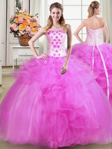Trendy Fuchsia Lace Up Quinceanera Gowns Beading and Appliques and Embroidery Sleeveless Floor Length
