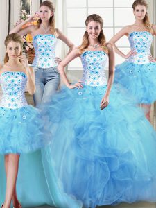 Four Piece Tulle Sleeveless Floor Length Sweet 16 Dresses and Beading and Appliques and Ruffles
