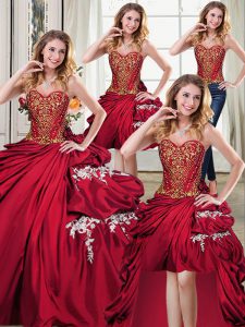 Four Piece Taffeta Sweetheart Sleeveless Lace Up Beading and Appliques and Pick Ups Quinceanera Gowns in Wine Red