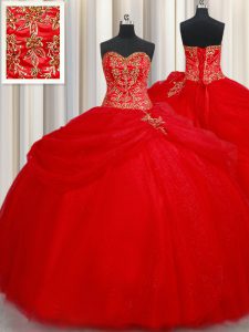 Red Ball Gowns Beading and Pick Ups 15 Quinceanera Dress Lace Up Tulle Sleeveless Floor Length