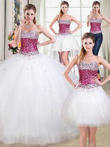 Discount Four Piece White Ball Gowns Tulle Sweetheart Sleeveless Beading Floor Length Lace Up Sweet 16 Dress