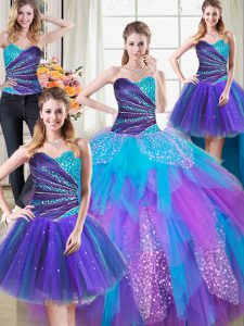 Edgy Four Piece Beading and Ruffles Sweet 16 Dresses Multi-color Lace Up Sleeveless Floor Length