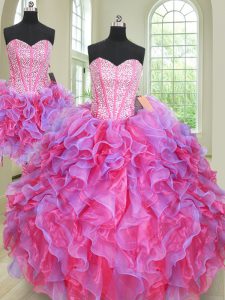 Custom Fit Three Piece Sleeveless Organza Floor Length Lace Up Quinceanera Dress in Multi-color with Beading and Ruffles
