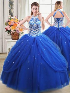Royal Blue Vestidos de Quinceanera Military Ball and Sweet 16 and Quinceanera and For with Beading and Pick Ups Halter T