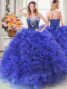 Lovely Royal Blue Organza Lace Up Sweet 16 Quinceanera Dress Sleeveless Floor Length Beading and Ruffles