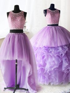 Dynamic Three Piece Scoop Lilac Ball Gowns Beading and Lace and Ruffles Quinceanera Dress Zipper Organza and Tulle Sleev