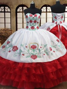 Sleeveless Organza Floor Length Lace Up Quinceanera Dress in White and Red with Embroidery and Ruffled Layers