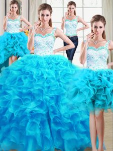 Four Piece Straps Baby Blue Sleeveless Beading and Ruffles Floor Length Sweet 16 Dresses