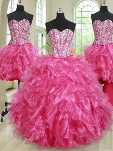 Four Piece Floor Length Lace Up Sweet 16 Quinceanera Dress Hot Pink for Military Ball and Sweet 16 and Quinceanera with 