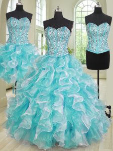 Three Piece Blue And White Ball Gowns Beading and Ruffles Quinceanera Gowns Lace Up Organza Sleeveless