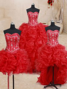Fantastic Four Piece Red Sleeveless Floor Length Beading and Ruffles Lace Up Quinceanera Dress