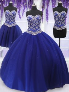 Three Piece Royal Blue Sleeveless Beading Floor Length Quinceanera Gowns
