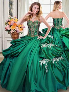 Beautiful Sleeveless Taffeta Floor Length Lace Up Quinceanera Gowns in Dark Green with Beading and Appliques and Pick Up