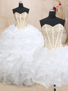 Best Selling Three Piece Sleeveless Lace Up Floor Length Beading and Ruffles Quinceanera Gowns