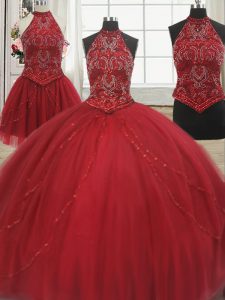 Three Piece Halter Top Red Sleeveless Tulle Court Train Lace Up Quince Ball Gowns for Military Ball and Sweet 16 and Qui