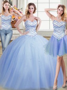 Sumptuous Three Piece Light Blue Sleeveless Tulle Lace Up Quinceanera Gown for Military Ball and Sweet 16 and Quinceaner