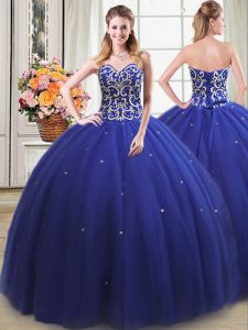 Fancy Royal Blue Sweetheart Lace Up Beading Ball Gown Prom Dress Sleeveless