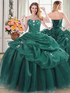 Organza Sweetheart Sleeveless Lace Up Beading and Appliques and Pick Ups 15 Quinceanera Dress in Dark Green