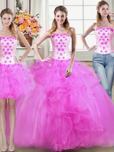 Three Piece Mermaid Fuchsia Tulle Lace Up Strapless Sleeveless Floor Length Quinceanera Gown Beading and Appliques and R