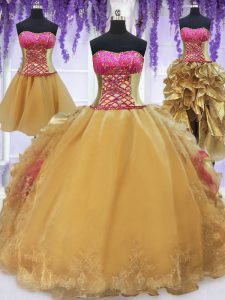 Four Piece Beading and Lace and Ruffles Quinceanera Dress Hot Pink and Gold Lace Up Sleeveless With Brush Train