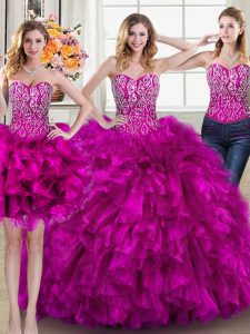 Popular Three Piece Sleeveless Organza Brush Train Lace Up Quinceanera Dress in Fuchsia with Beading and Ruffles