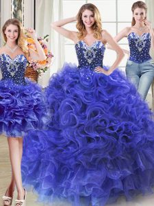 Elegant Three Piece Sleeveless Lace Up Floor Length Beading and Ruffles Ball Gown Prom Dress